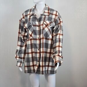 Womens HFX Gray Brown Creme Plaid Flannel Shacket Oversized Large